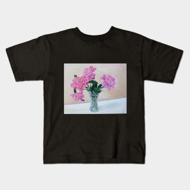 Peonies in glass vase of water Kids T-Shirt by melartbubble